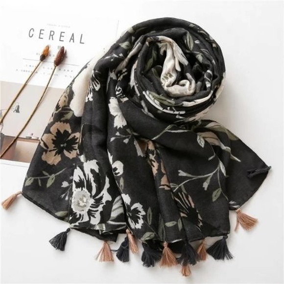 2/$30 NEW Floral Tasseled Scarf Black Long Rectangle Neutral Muted Minimalist - Picture 3 of 12